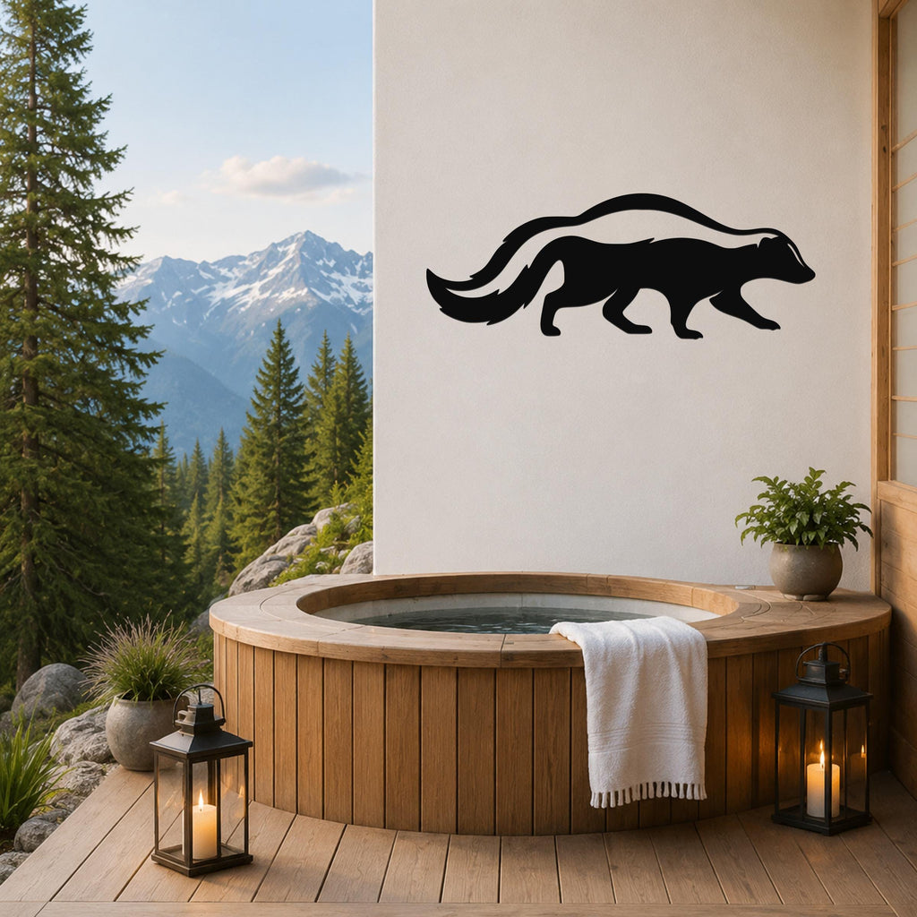 Black metal skunk silhouette wall art mounted on a white wall above a wooden hot tub on a mountain-view deck.