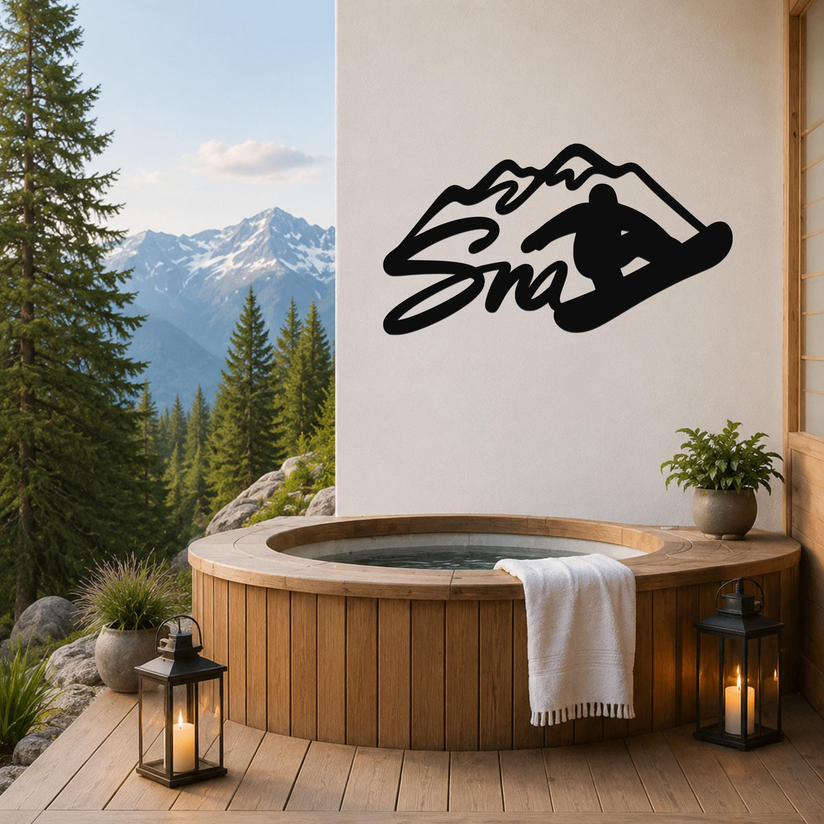 Black metal wall art featuring a snowboarder silhouette and mountain design, mounted on a white wall above a wooden hot tub on a deck with a mountain view.