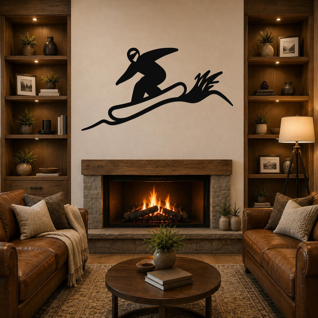 Black metal snowboarder wall art with motion-line cutouts, mounted above a fireplace in a living room.