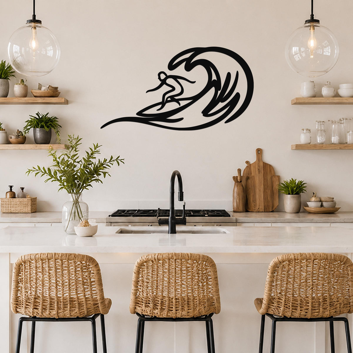 Black metal surfer wall art with wave cutout, mounted above a kitchen counter in a modern kitchen.