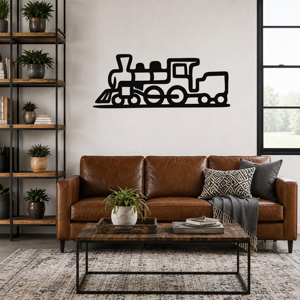 Black metal train wall art with a silhouette design, mounted above a brown leather sofa in a living room.