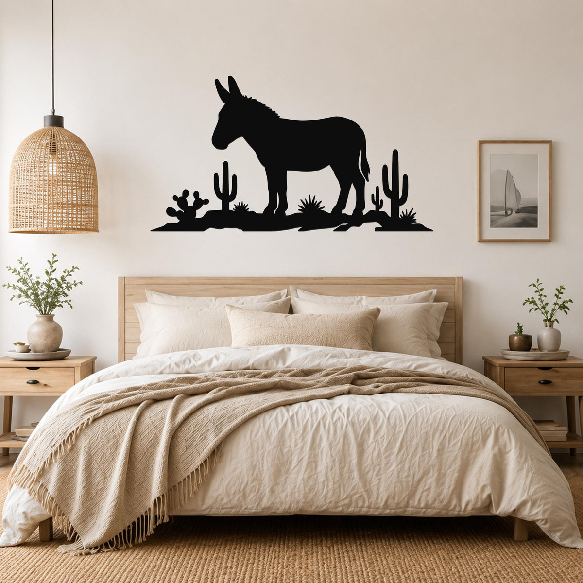 Black metal wall sculpture of a burro silhouette with cacti, mounted above a bed in a neutral bedroom.