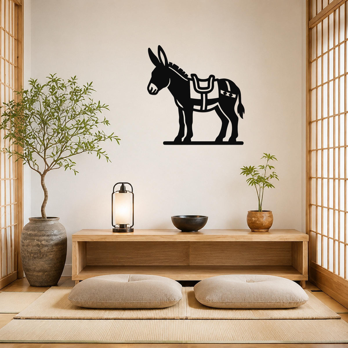 Black metal donkey wall art with saddle cutout, mounted on a beige wall above a wooden console in a minimalist room.
