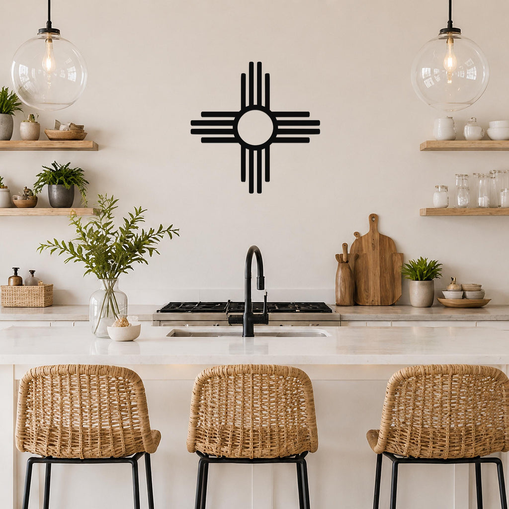Black metal Zia Sun symbol wall art with a bold circular design and radiating lines, mounted on a kitchen wall above a counter.