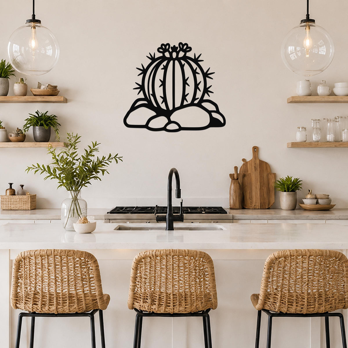 Black metal barrel cactus wall art with spines and flower cutouts, mounted on a kitchen wall above a counter.