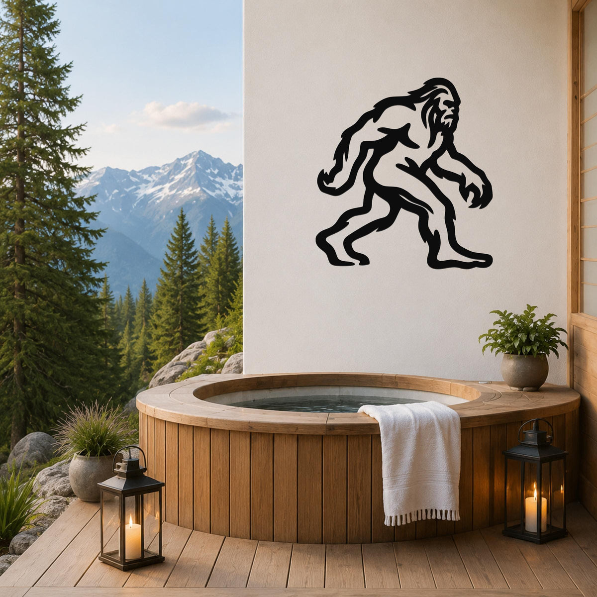 Black metal Bigfoot silhouette wall art mounted on a white wall above a wooden hot tub on a mountain-view deck.
