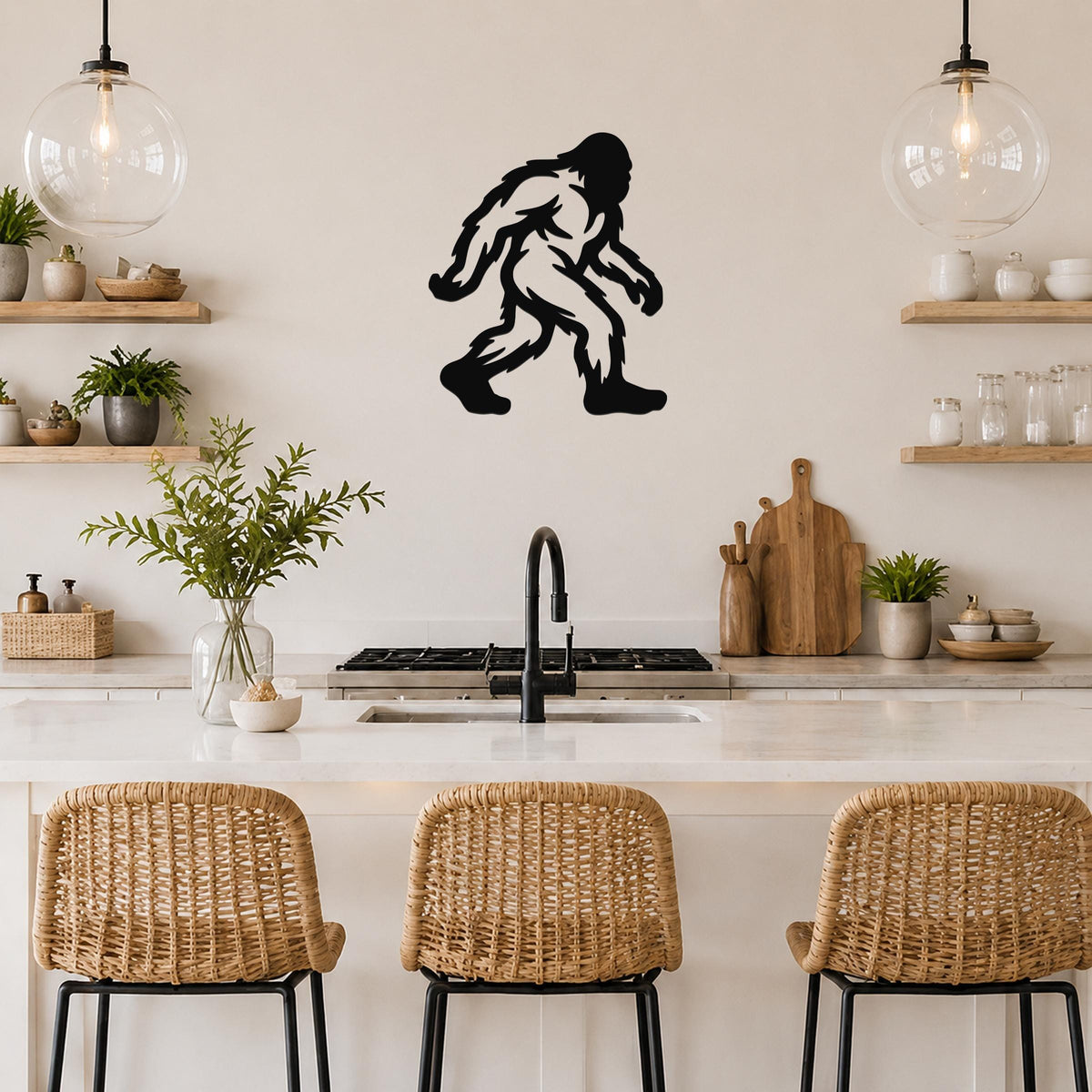 Black metal Bigfoot silhouette wall art mounted on a kitchen wall above a counter, with wicker bar stools and open shelves in the background.