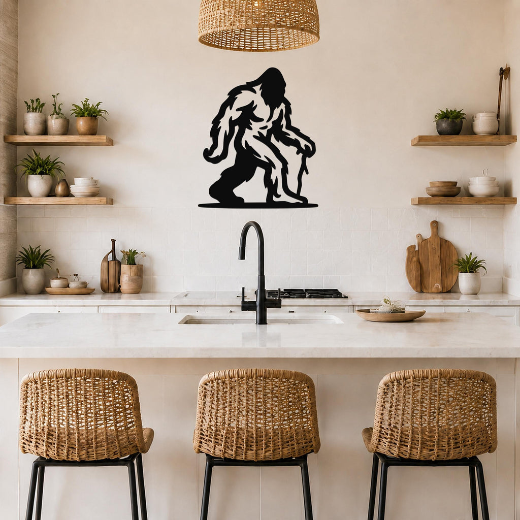 Black metal Bigfoot silhouette wall art mounted above a kitchen counter, featuring a cutout design of a hairy figure with visible internal lines, displayed in a modern kitchen with wooden shelves and wicker stools.