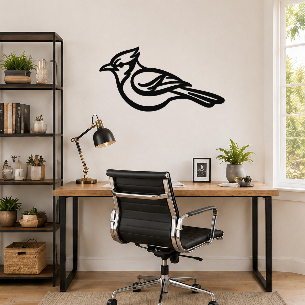 Black metal blue jay wall art silhouette mounted on a wall above a wooden desk in a home office.