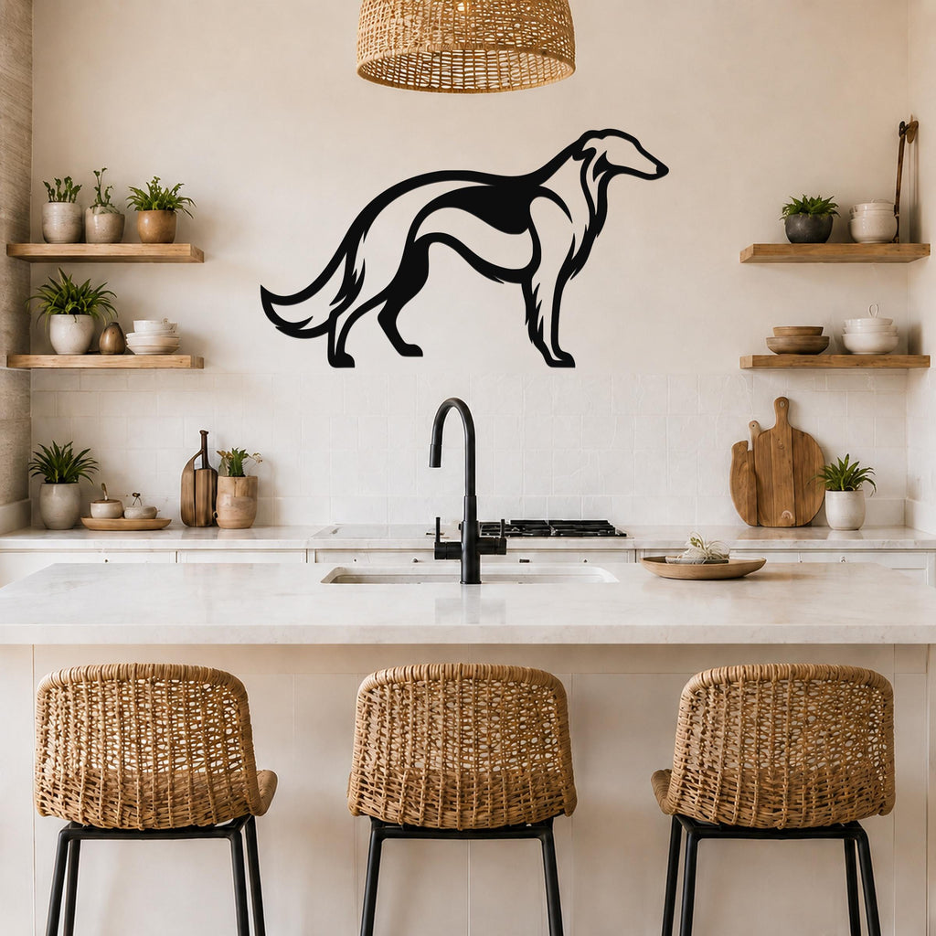Black metal Borzoi dog wall art silhouette with internal cutout lines, mounted on a kitchen wall above a counter.