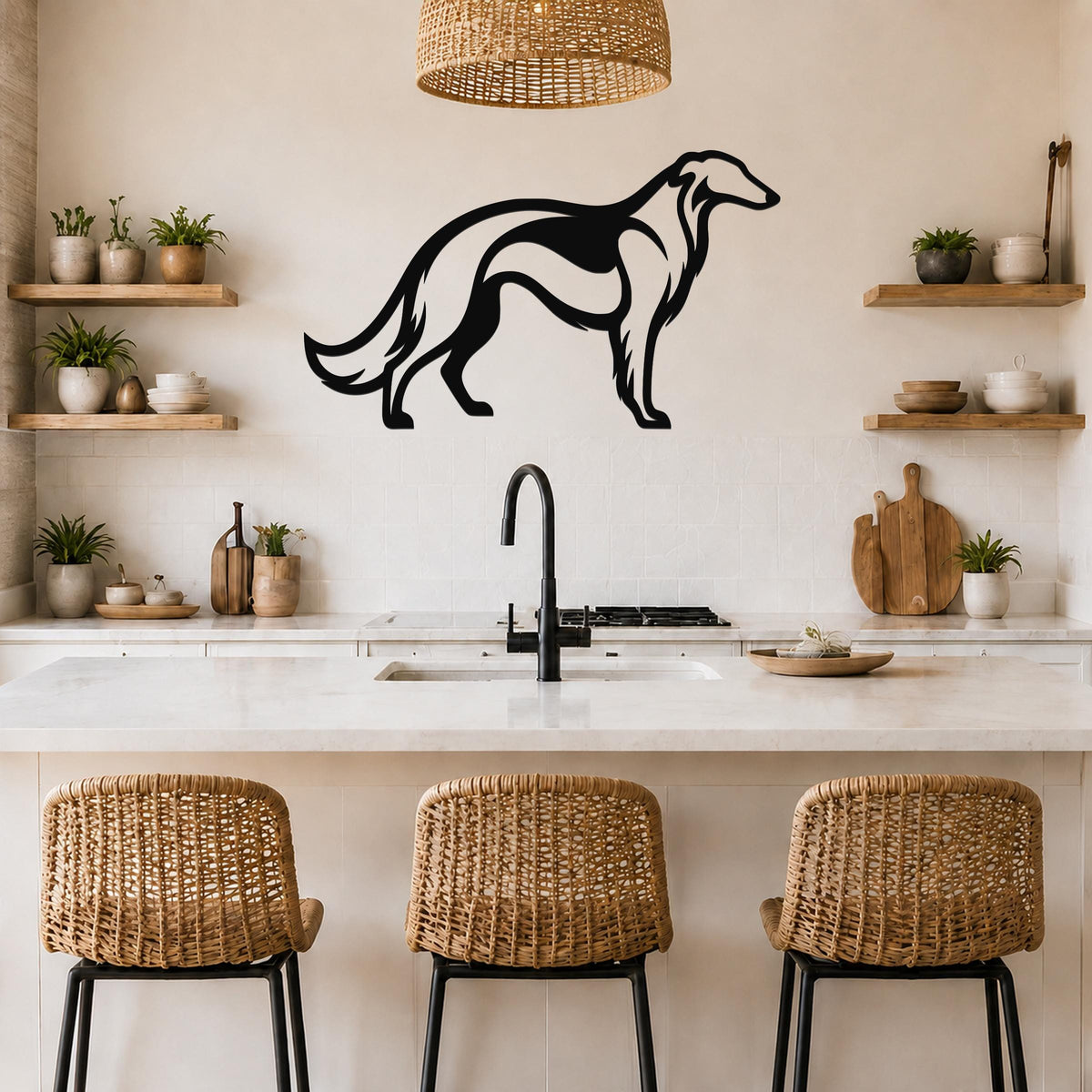 Black metal Borzoi dog wall art silhouette with internal cutout lines, mounted on a kitchen wall above a counter.