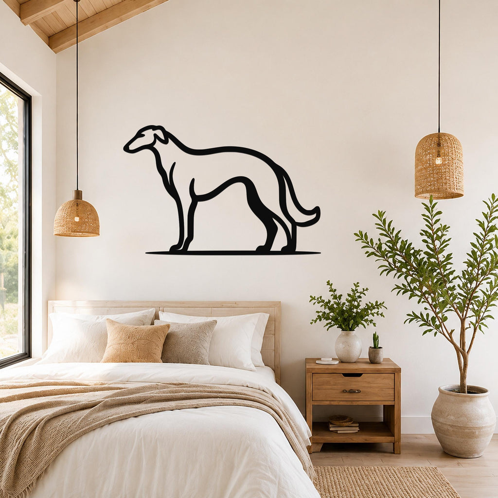 Black metal Borzoi dog wall art silhouette mounted above a bed in a bedroom with wooden furniture and woven pendant lights.