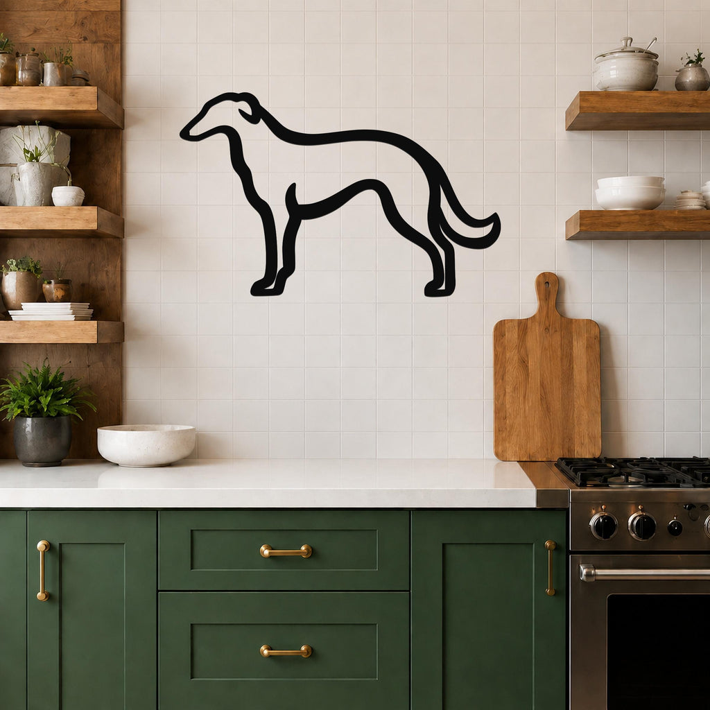 Black metal Borzoi dog wall art silhouette mounted on a tiled kitchen wall above a counter.