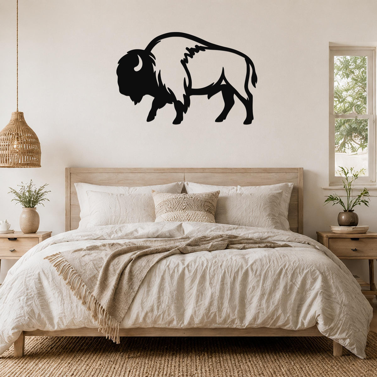 Black metal buffalo wall art silhouette mounted above a bed in a neutral bedroom.