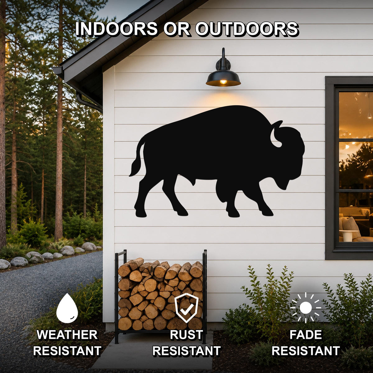 Black metal buffalo silhouette wall art mounted on a white exterior wall above a firewood rack, with text indicating it is weather, rust, and fade resistant for indoor or outdoor use.