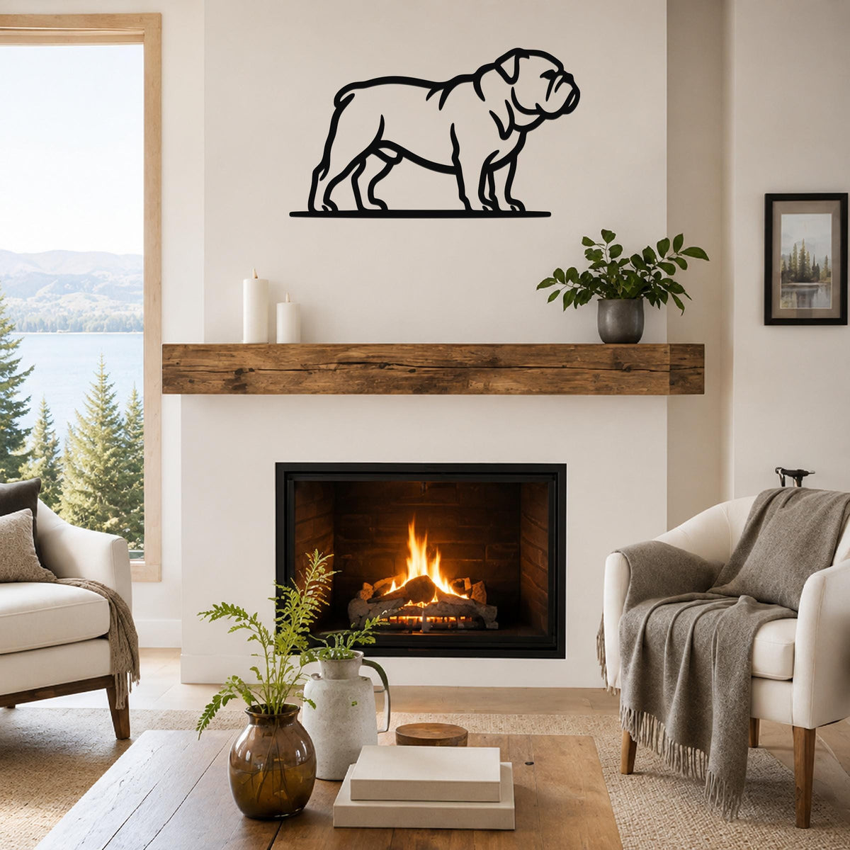Black metal bulldog wall art silhouette mounted above a fireplace in a living room.