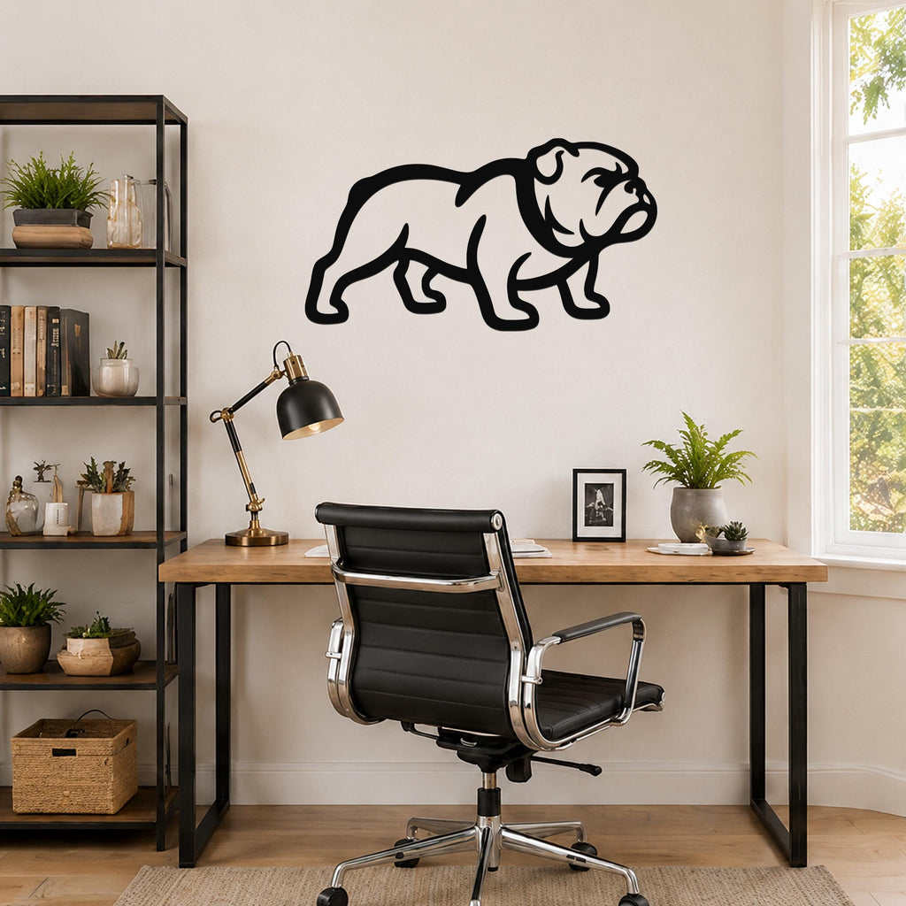 Black metal bulldog wall art silhouette mounted above a wooden desk in a home office.