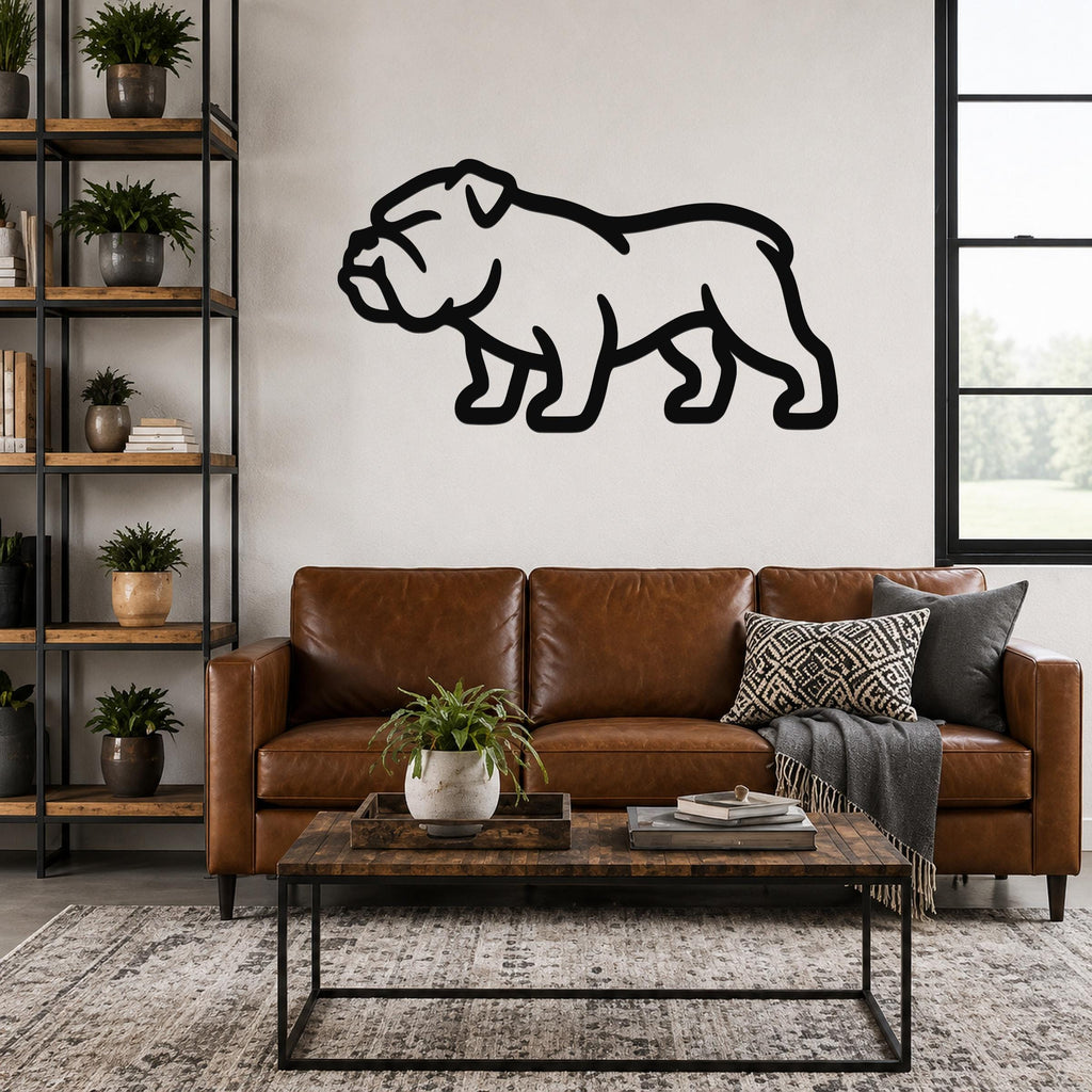 Black metal bulldog wall art silhouette mounted above a brown leather sofa in a living room.