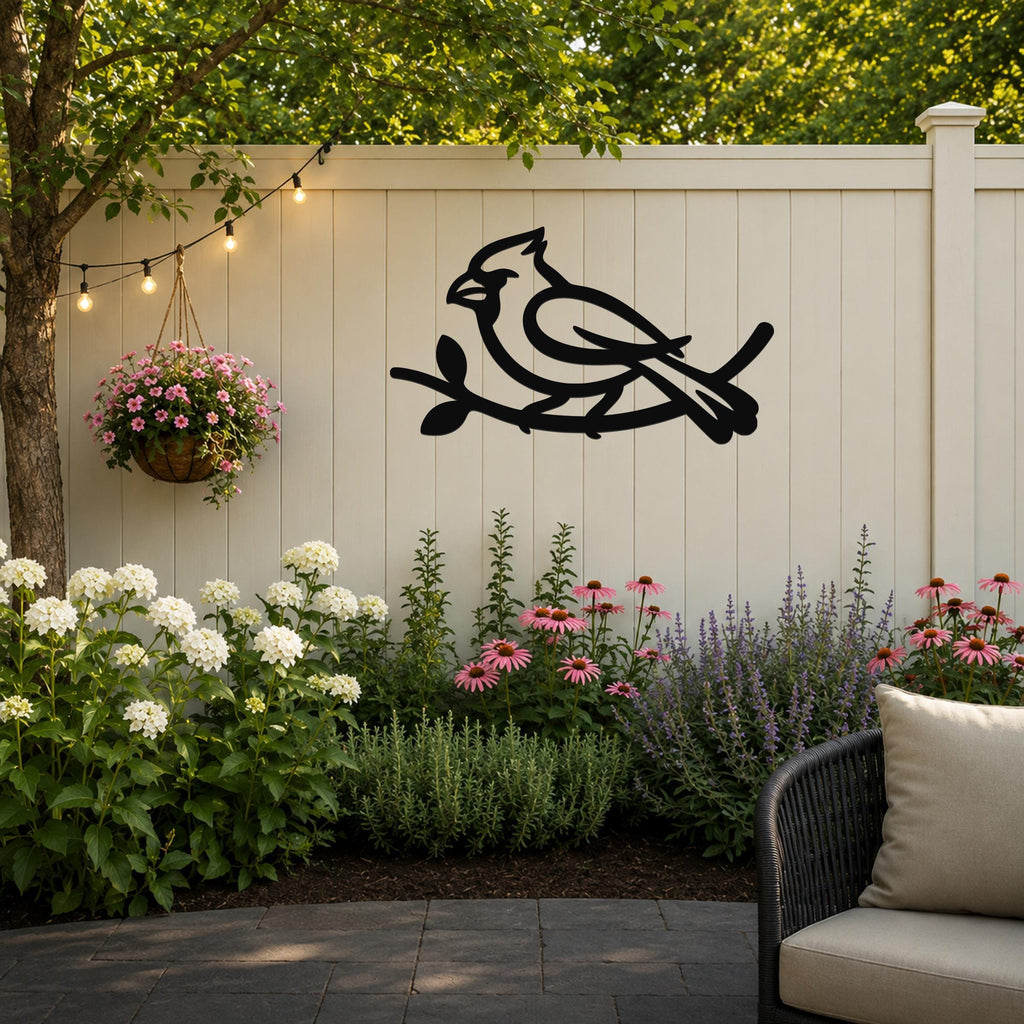 Black metal cardinal wall art in a bold silhouette, perched on a branch, mounted on a light-colored outdoor fence above a garden bed.