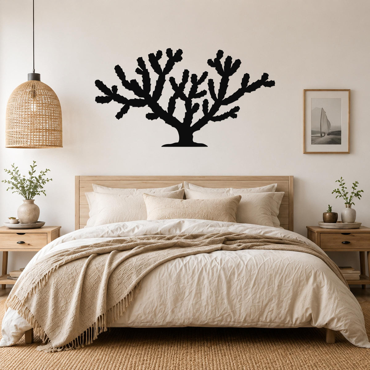 Black metal Cholla cactus wall art silhouette with branching arms, mounted above a bed in a neutral bedroom.