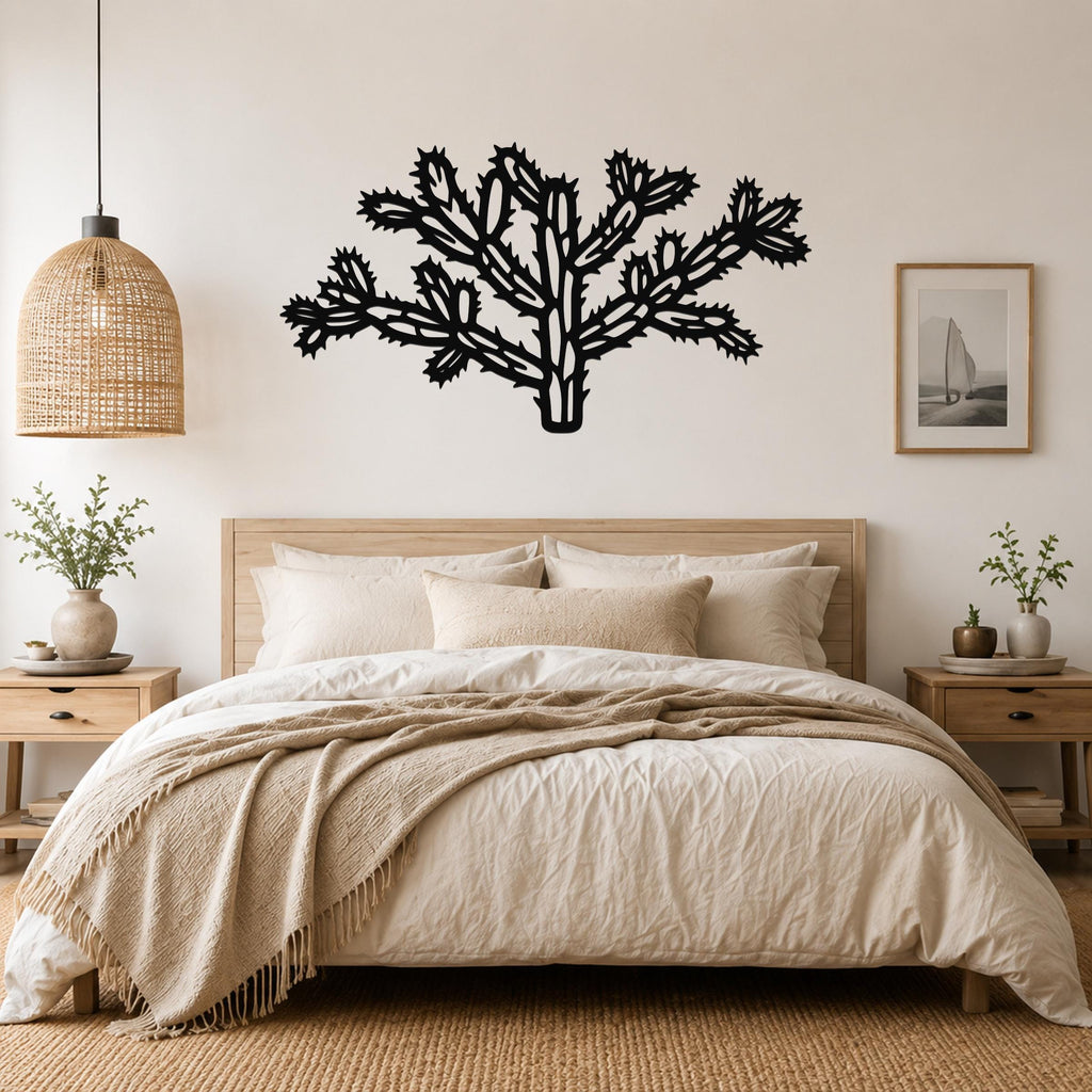 Black metal cholla cactus wall art with intricate branch and spine cutouts, mounted above a bed in a neutral bedroom.