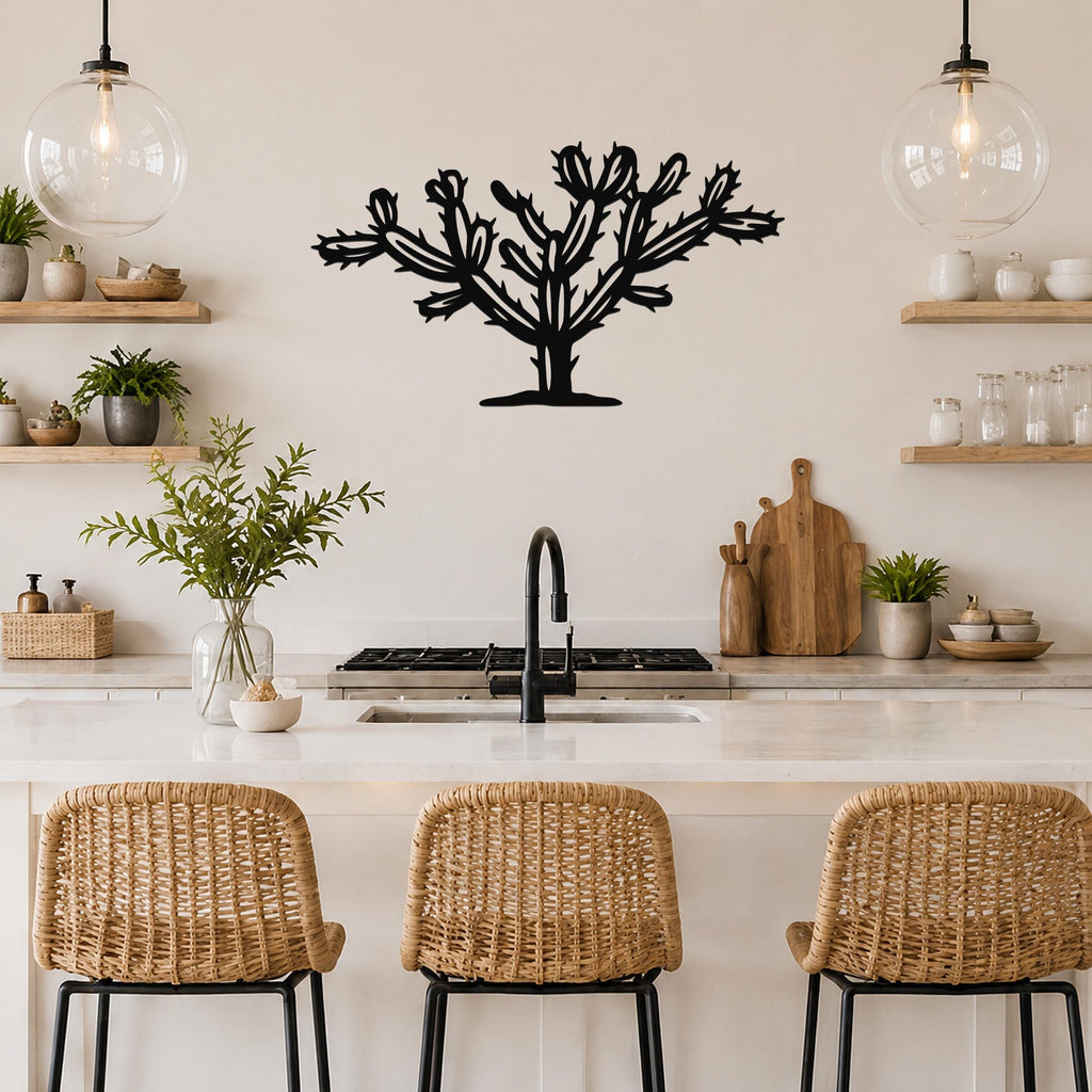 Black metal Cholla cactus wall art with branching silhouette cutouts, mounted on a kitchen wall above a counter.