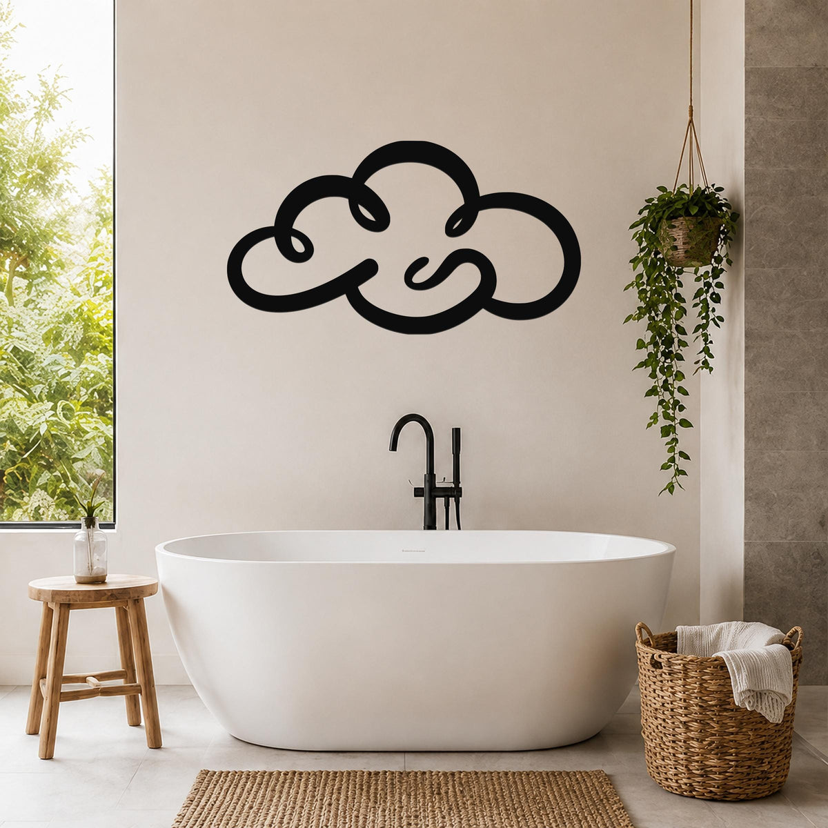 Black metal cloud wall art with flowing silhouette design, mounted on a bathroom wall above a freestanding tub.
