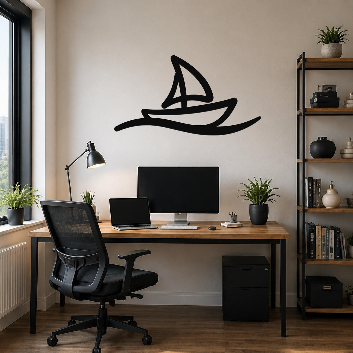 Black metal sailboat wall art with wave cutout, mounted above a wooden desk in a home office.