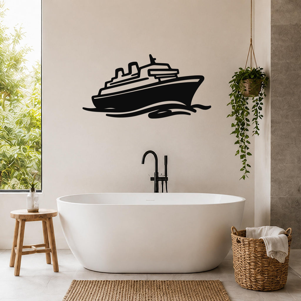 Black metal cruise ship wall art with wave cutouts, mounted on a bathroom wall above a freestanding tub.