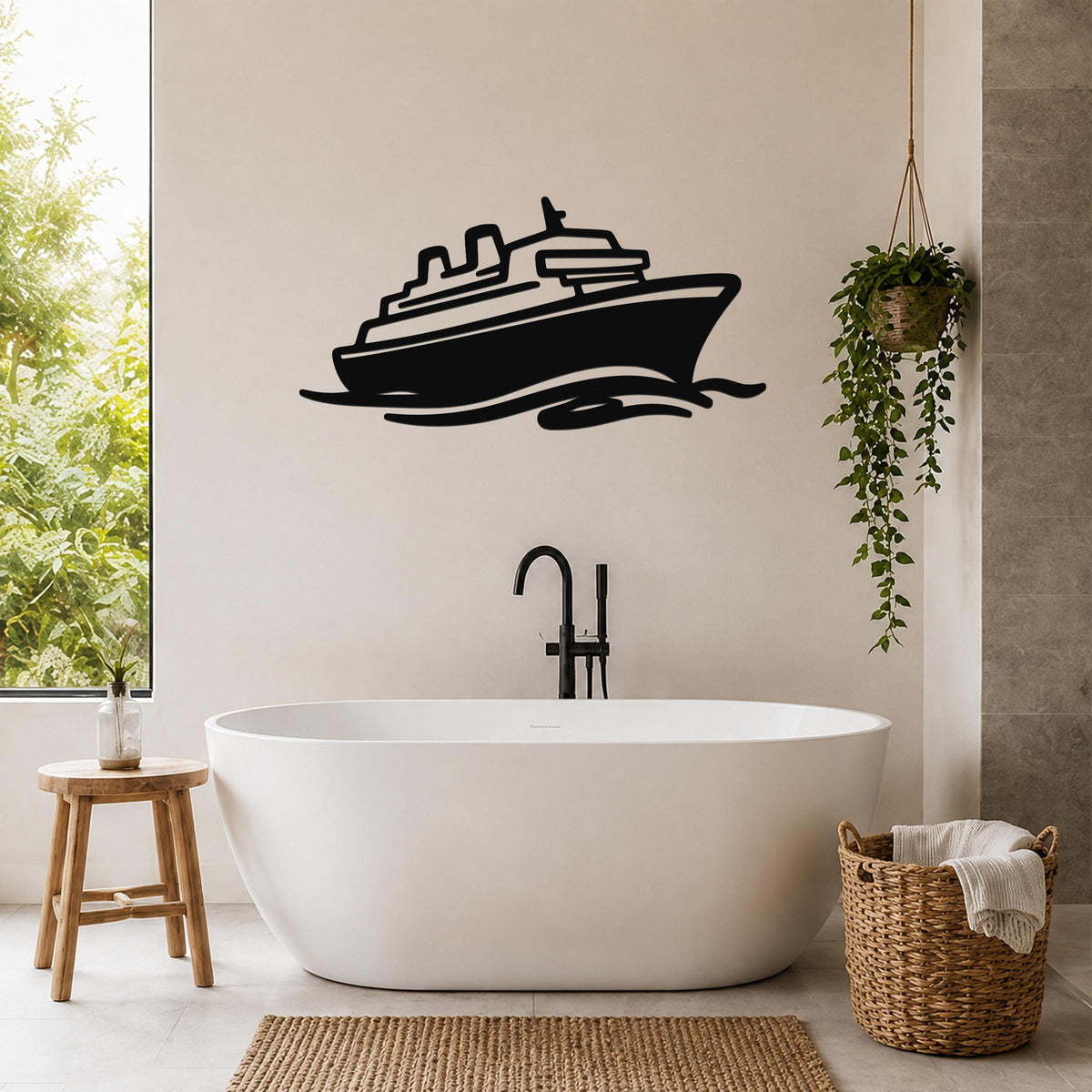 Black metal cruise ship wall art with wave cutouts, mounted on a bathroom wall above a freestanding tub.