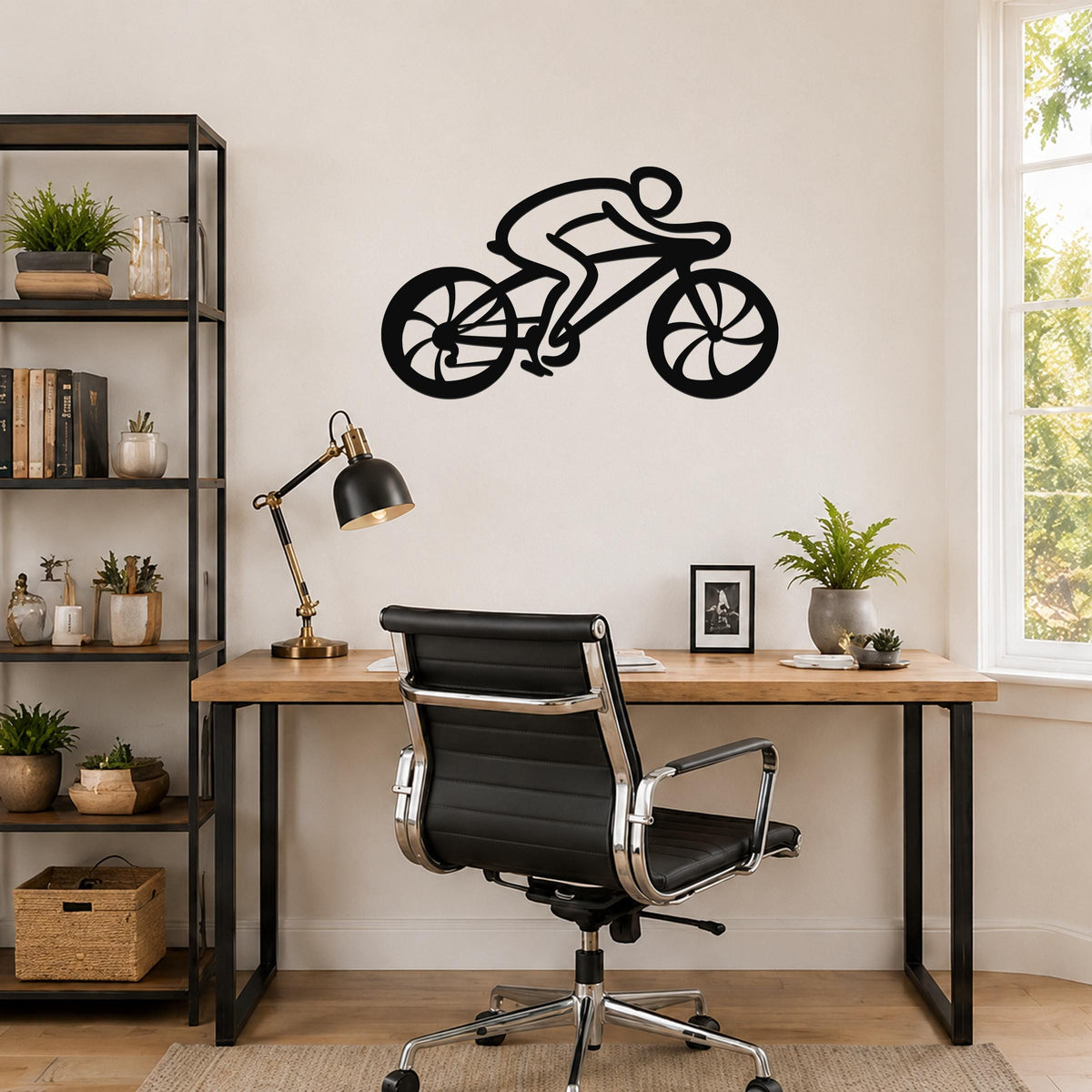 Black metal wall art of a cyclist silhouette with cutout wheels, mounted above a wooden desk in a home office.