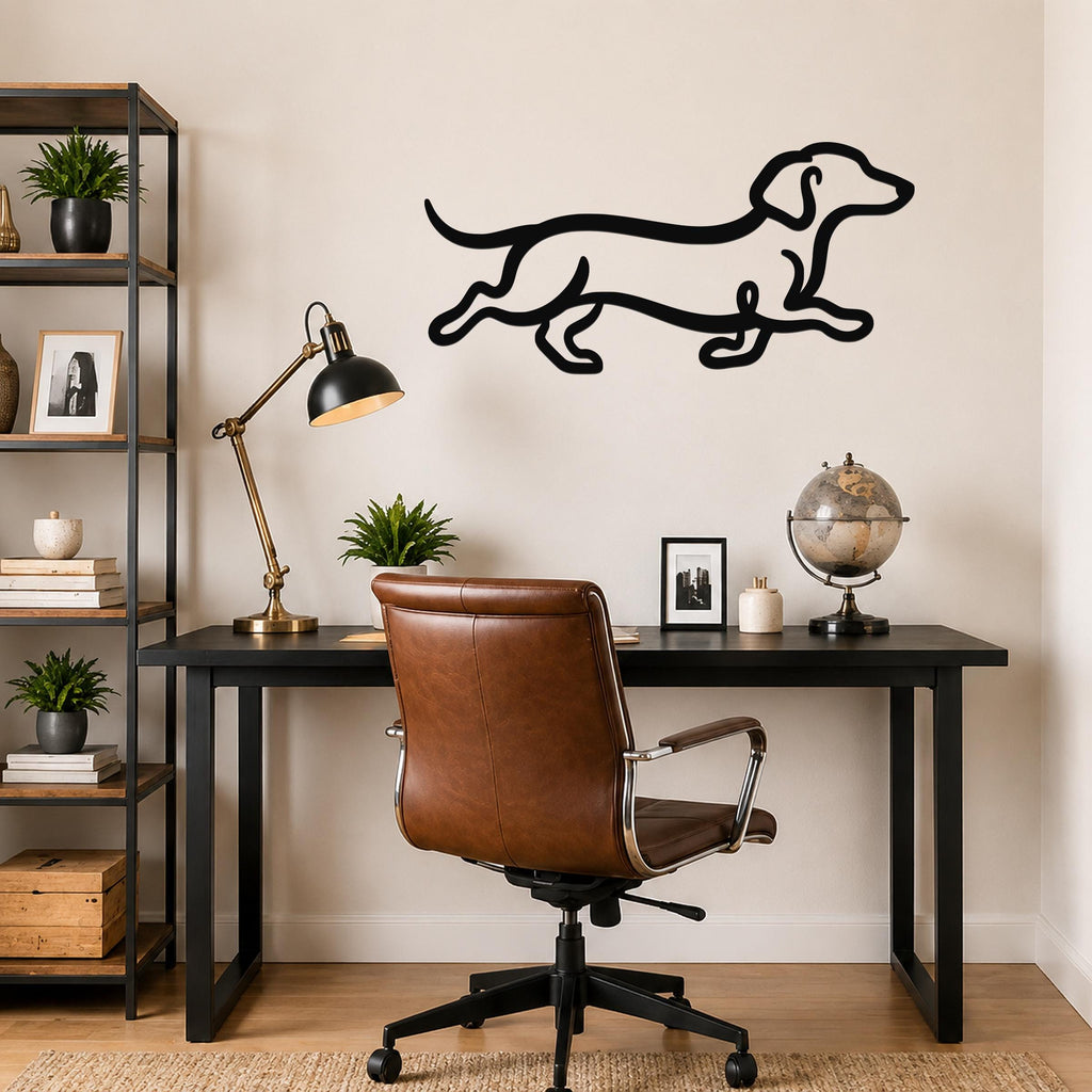 Black metal dachshund wall art with motion-line cutouts, mounted above a black desk in a home office.