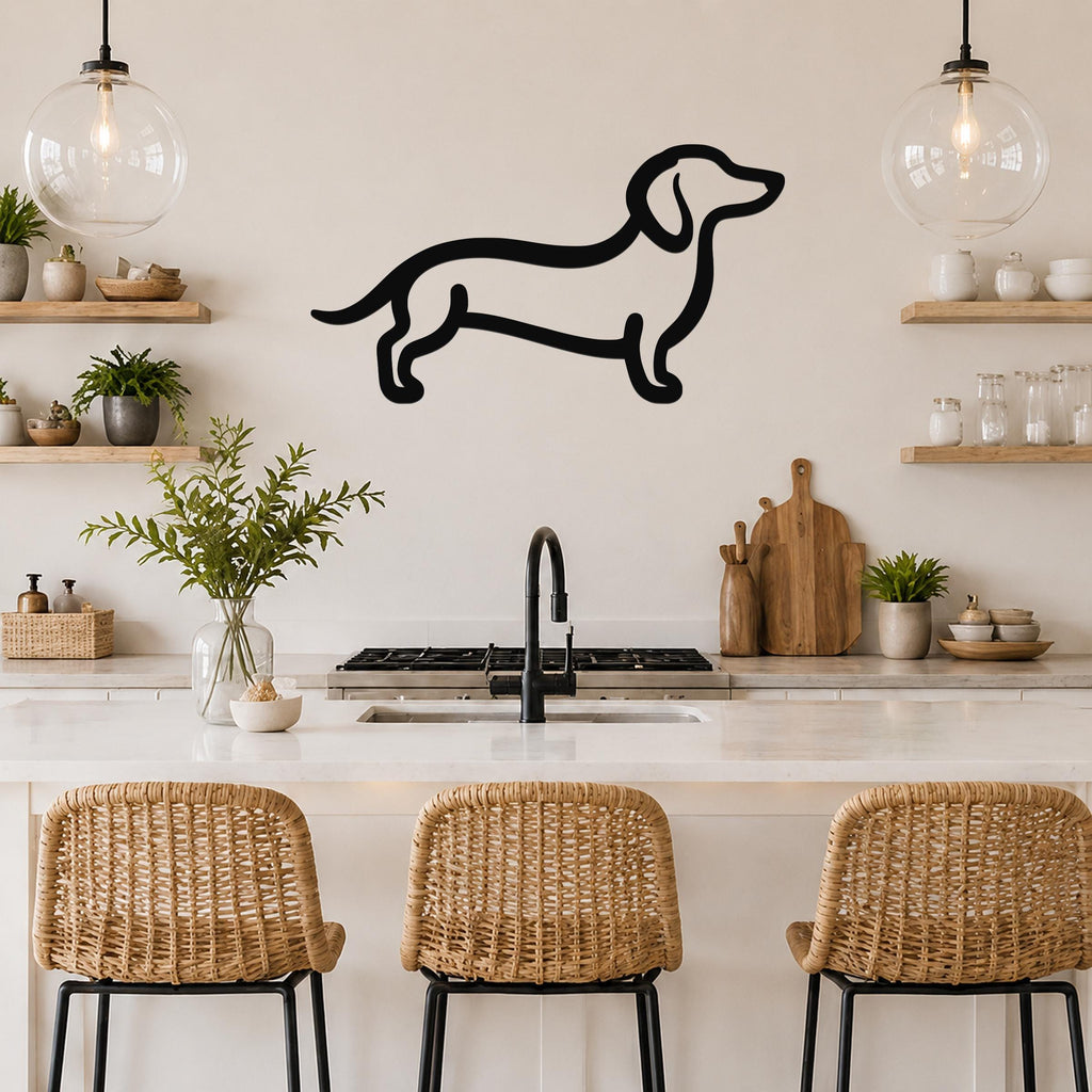 Black metal dachshund silhouette wall art mounted on a kitchen wall above a counter, with visible cutout lines and a minimalist design.