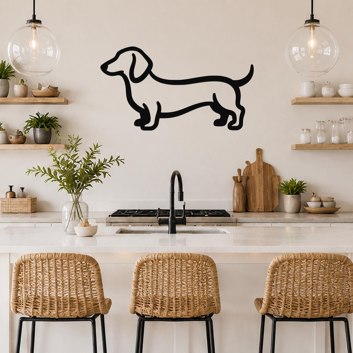 Black metal dachshund wall sculpture in silhouette style, mounted on a kitchen wall above a counter with open shelving and pendant lights.