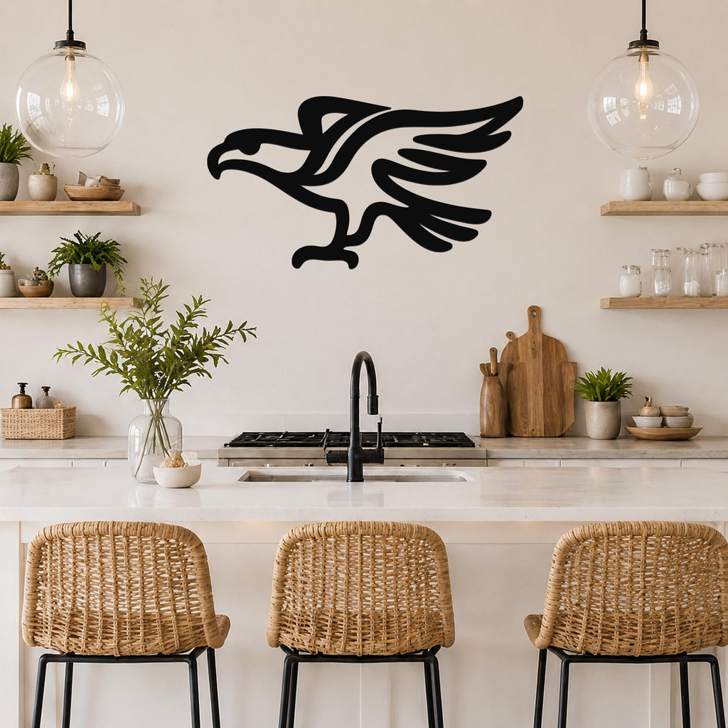 Black metal eagle wall art with a bold silhouette design, mounted on a kitchen wall above a counter with wicker bar stools.