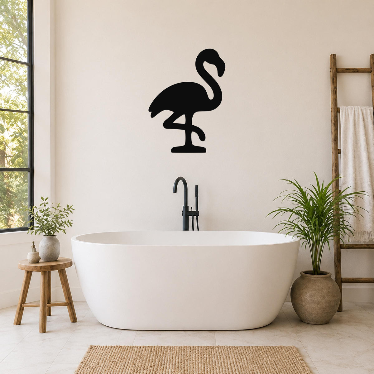 Black metal flamingo wall art silhouette mounted on a bathroom wall above a freestanding tub.