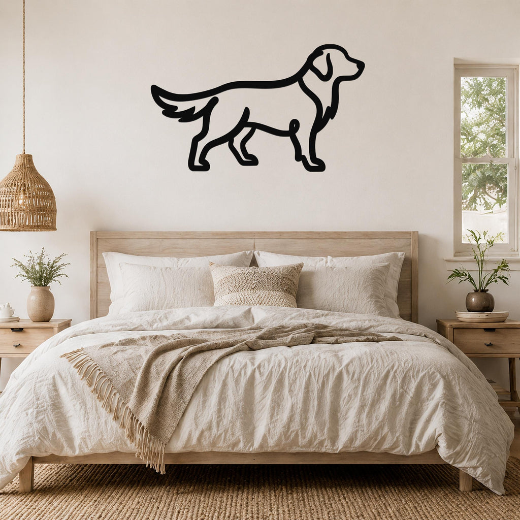 Black metal dog silhouette wall art, a golden retriever in profile, mounted above a wooden bed in a neutral bedroom.