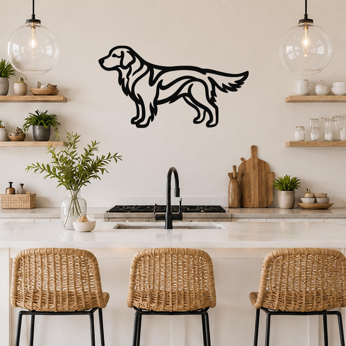 Black metal Golden Retriever silhouette wall art mounted on a kitchen wall above a counter, with wicker bar stools and open shelves visible below.