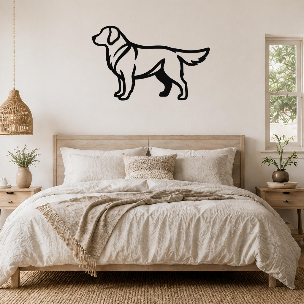 Black metal Golden Retriever wall art in silhouette style, mounted above a wooden bed in a neutral bedroom.
