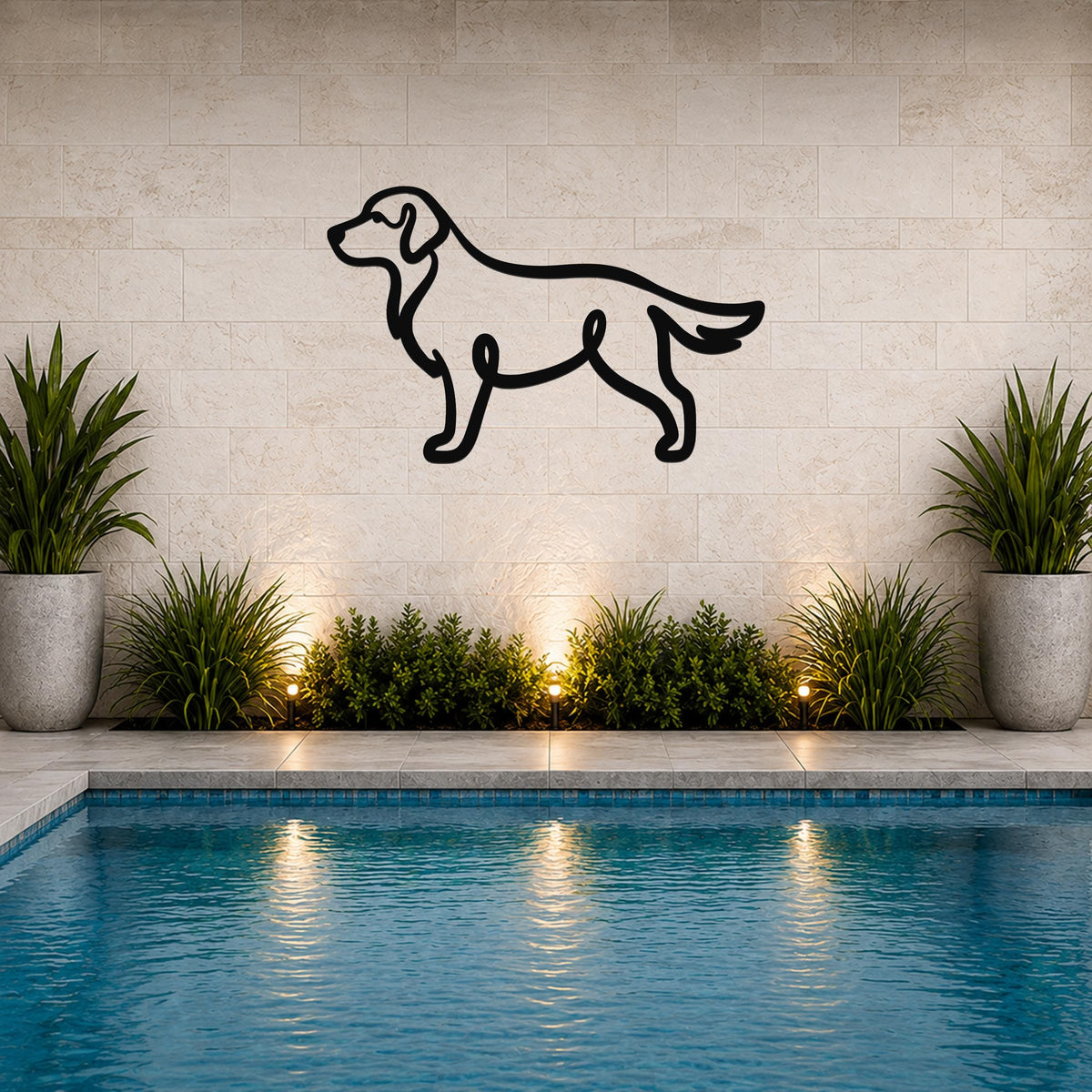 Black metal dog silhouette wall art mounted on a tiled wall above a pool, with potted plants and ground lights below.
