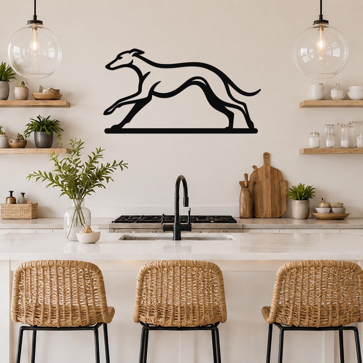 Black metal greyhound wall art silhouette with motion-line cutouts, mounted above a kitchen counter.