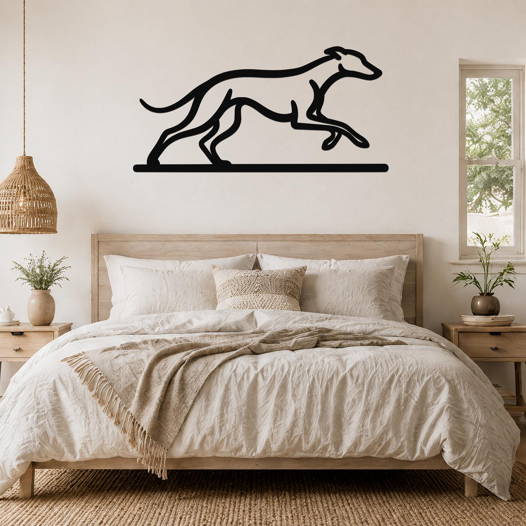 Black metal greyhound wall art with a running silhouette, mounted above a bed in a neutral bedroom.