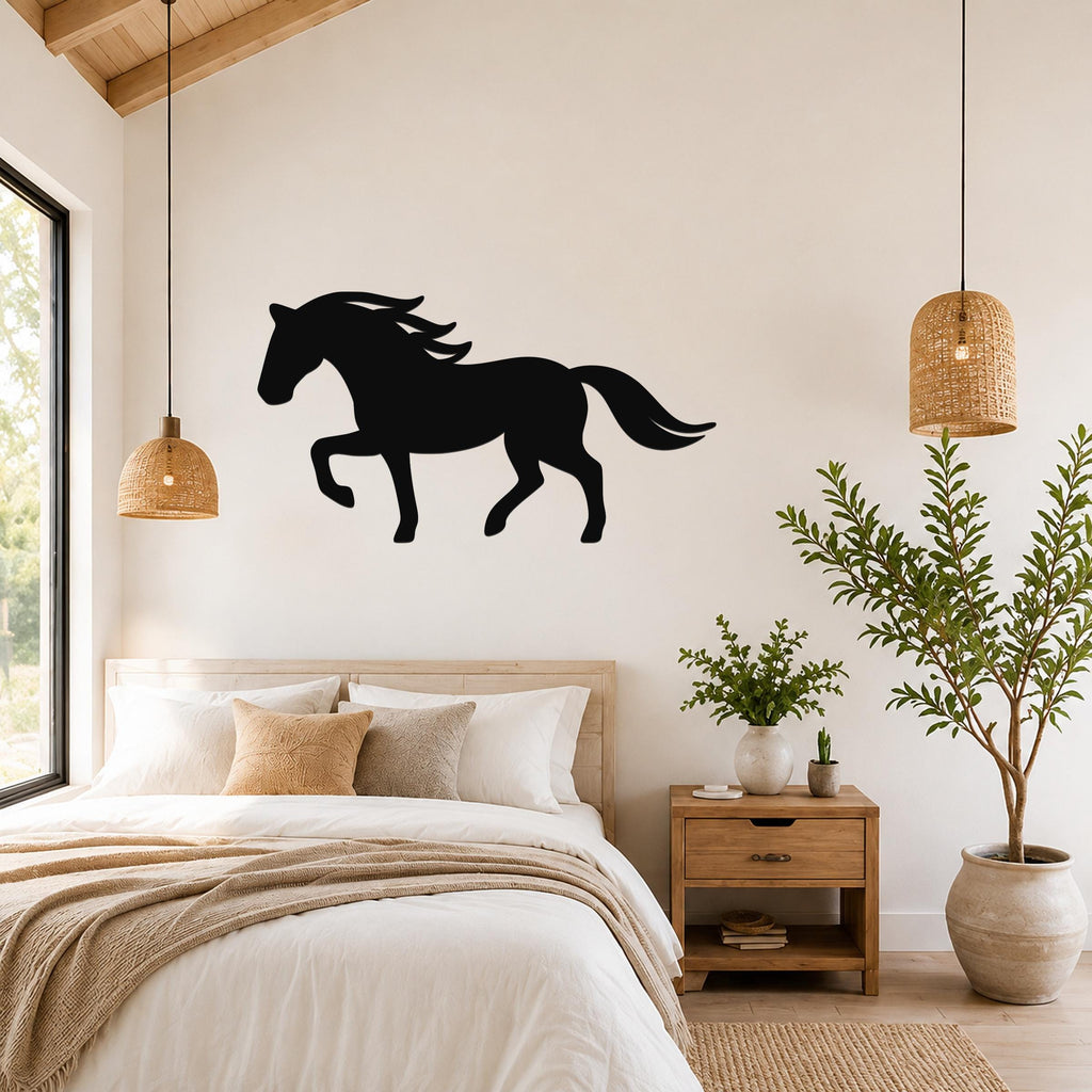 Black metal horse silhouette wall art with flowing mane and tail, mounted above a bed in a rustic bedroom.