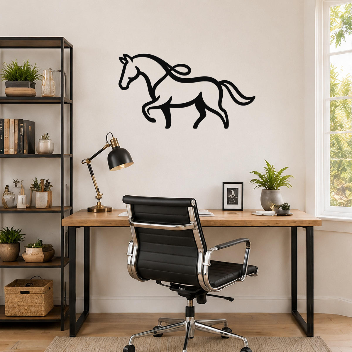 Black metal horse wall art with flowing mane and tail silhouette, mounted above a wooden desk in a home office.