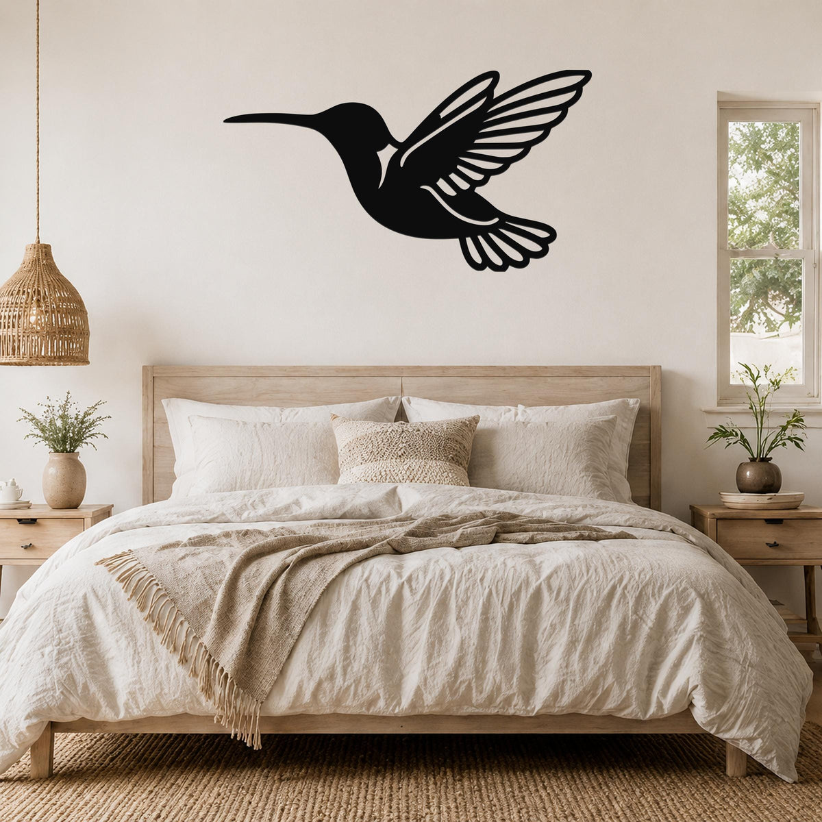 Black metal hummingbird wall art with wing and tail cutouts, mounted above a bed in a neutral bedroom.