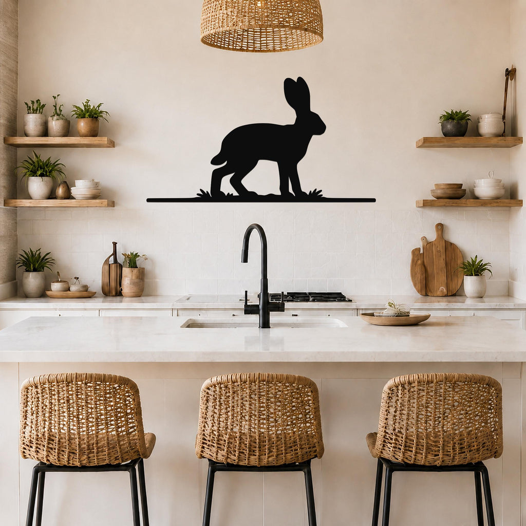 Black metal jackrabbit wall art silhouette mounted above a kitchen counter, featuring a standing hare with grass cutouts, in a modern rustic kitchen with woven chairs and open shelves.