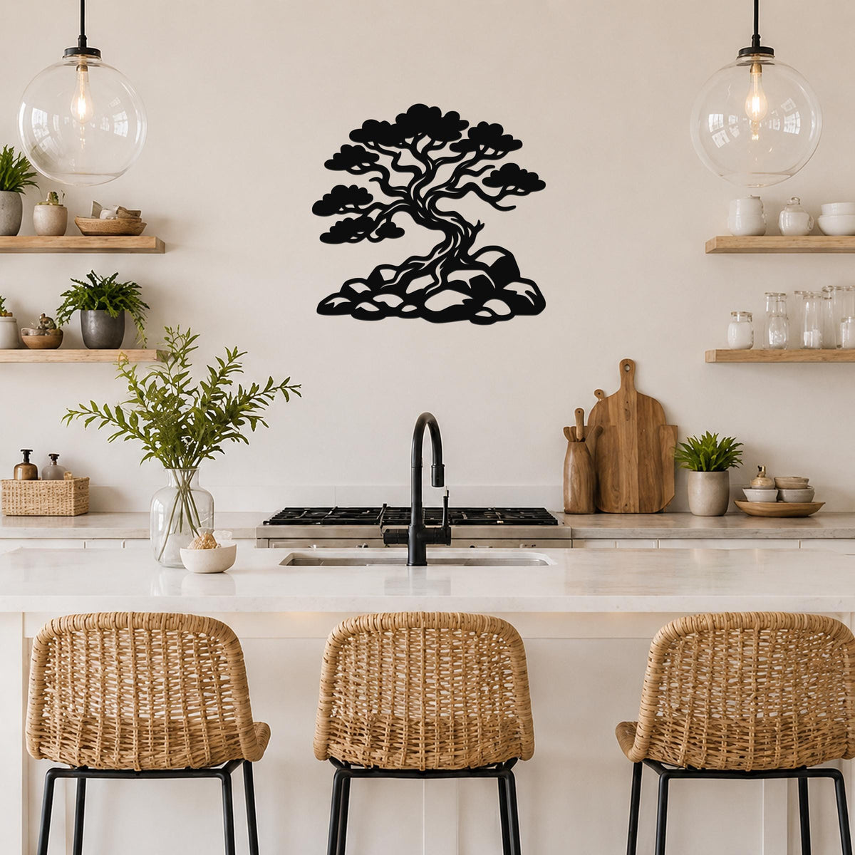 Black metal juniper tree wall art with intricate branch and rock cutouts, mounted on a kitchen wall above a counter.