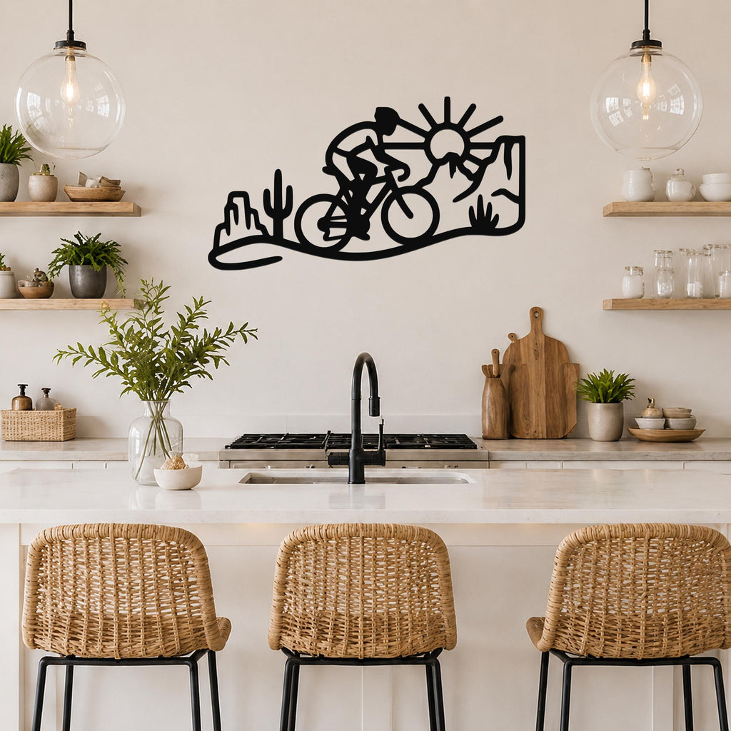 Black metal wall art silhouette of a cyclist on a desert trail with cacti and a sun, mounted above a kitchen counter.