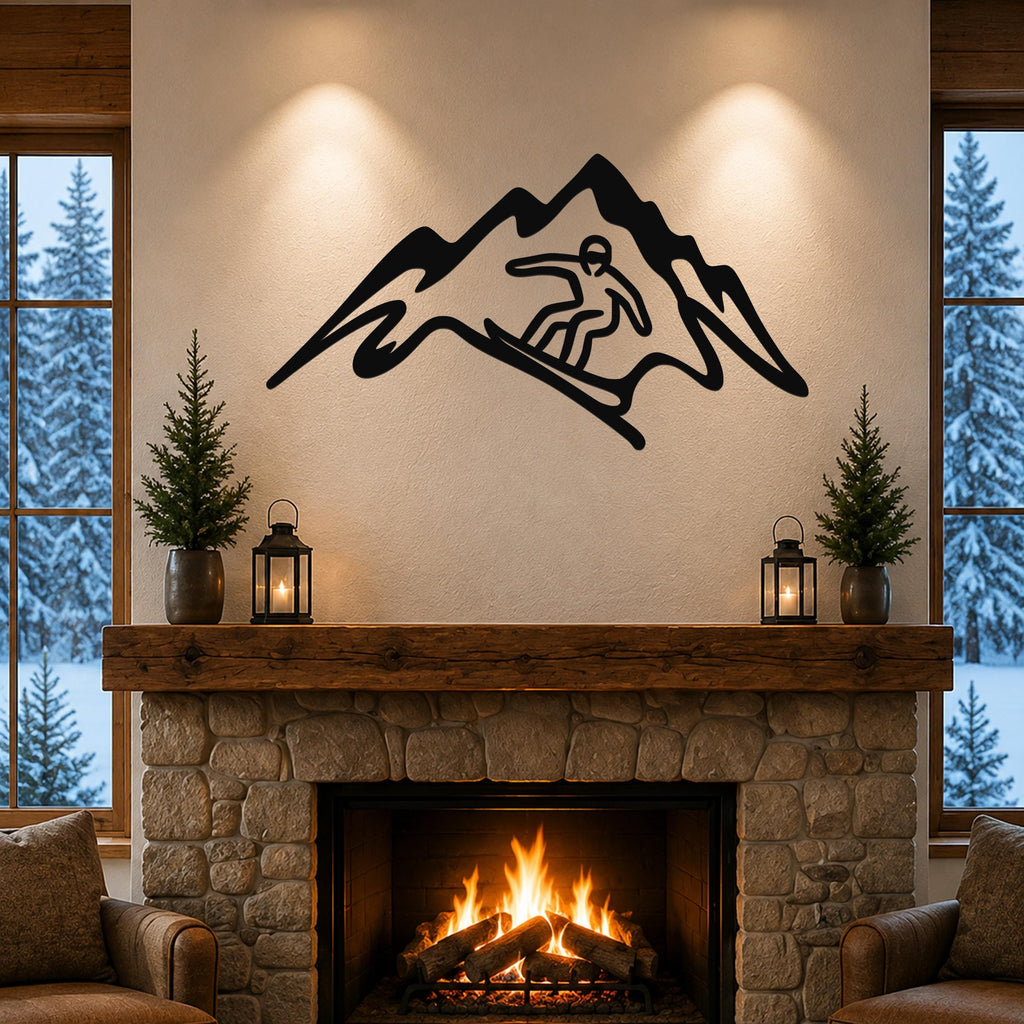 Black metal wall art with a snowboarder silhouette cutout, mounted above a stone fireplace in a cozy living room.