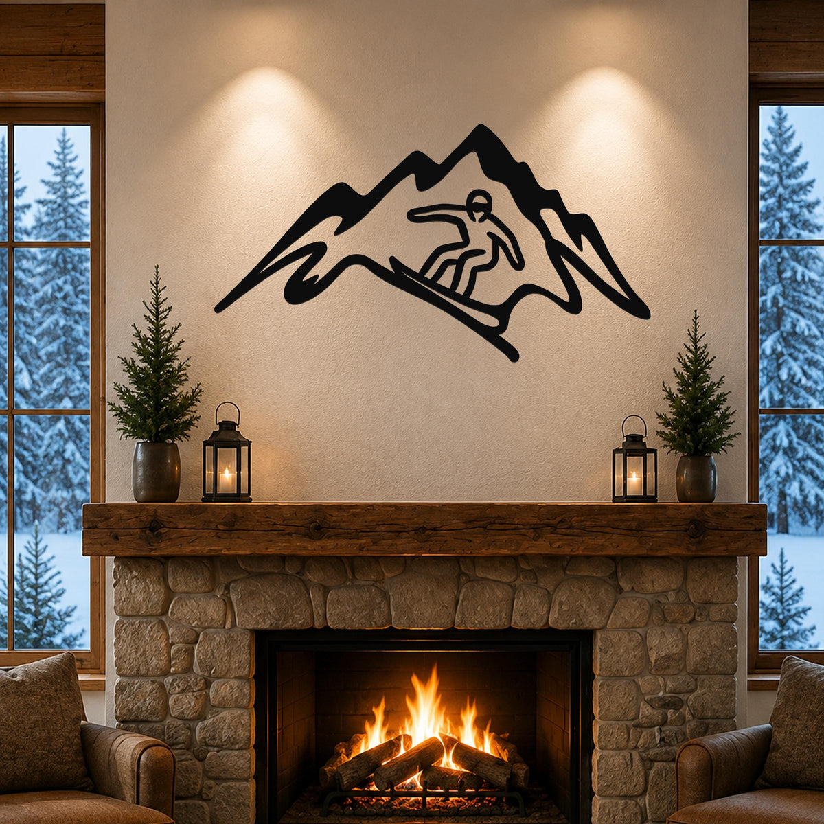 Black metal wall art with a snowboarder silhouette cutout, mounted above a stone fireplace in a cozy living room.